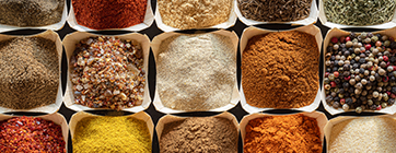 Various types of oriental spices and herbs. Above view with spices background. Flat lay of colorful spices in a pattern. Cooking ingredients frame.